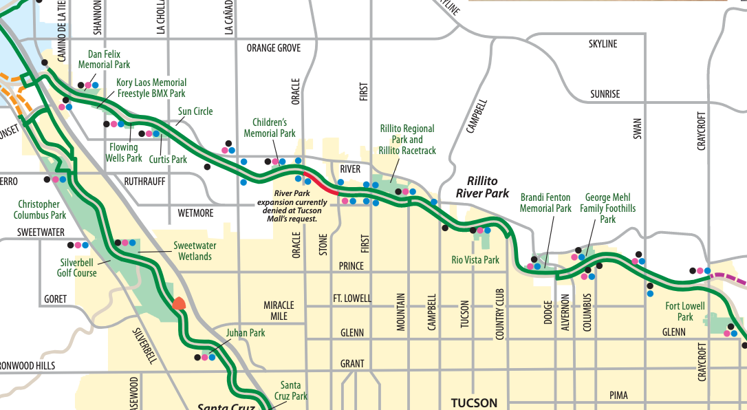 A map showing the east-west path of Rillito River Park Trail
